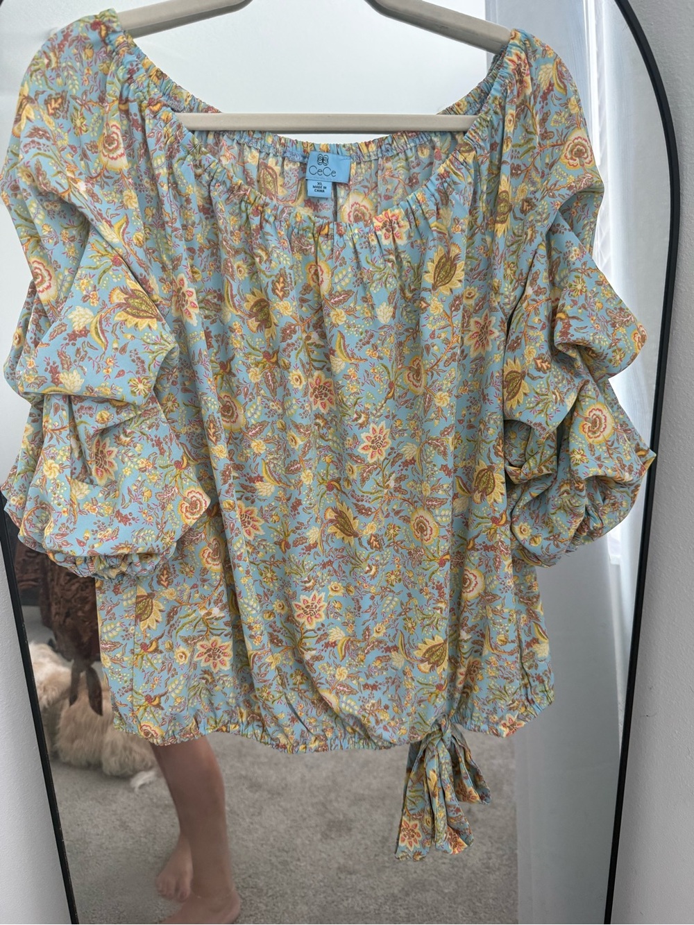 CeCe Sky Blue Floral Ruffle Tie-Hem Blouse